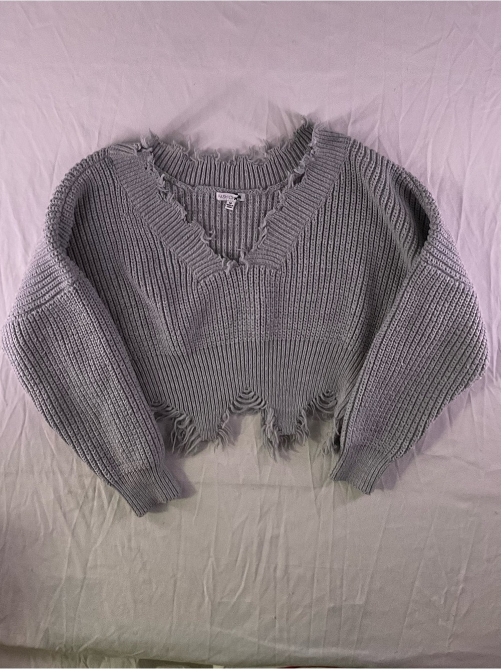 Grey Blue Slubbed Distressed sweater Frayed Neck, cuffs &Hem Cropped  size M